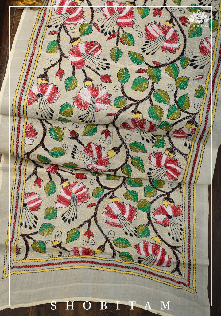78x21 Kosa Tussar Silk Stole with Full Kantha Hand Embroidery