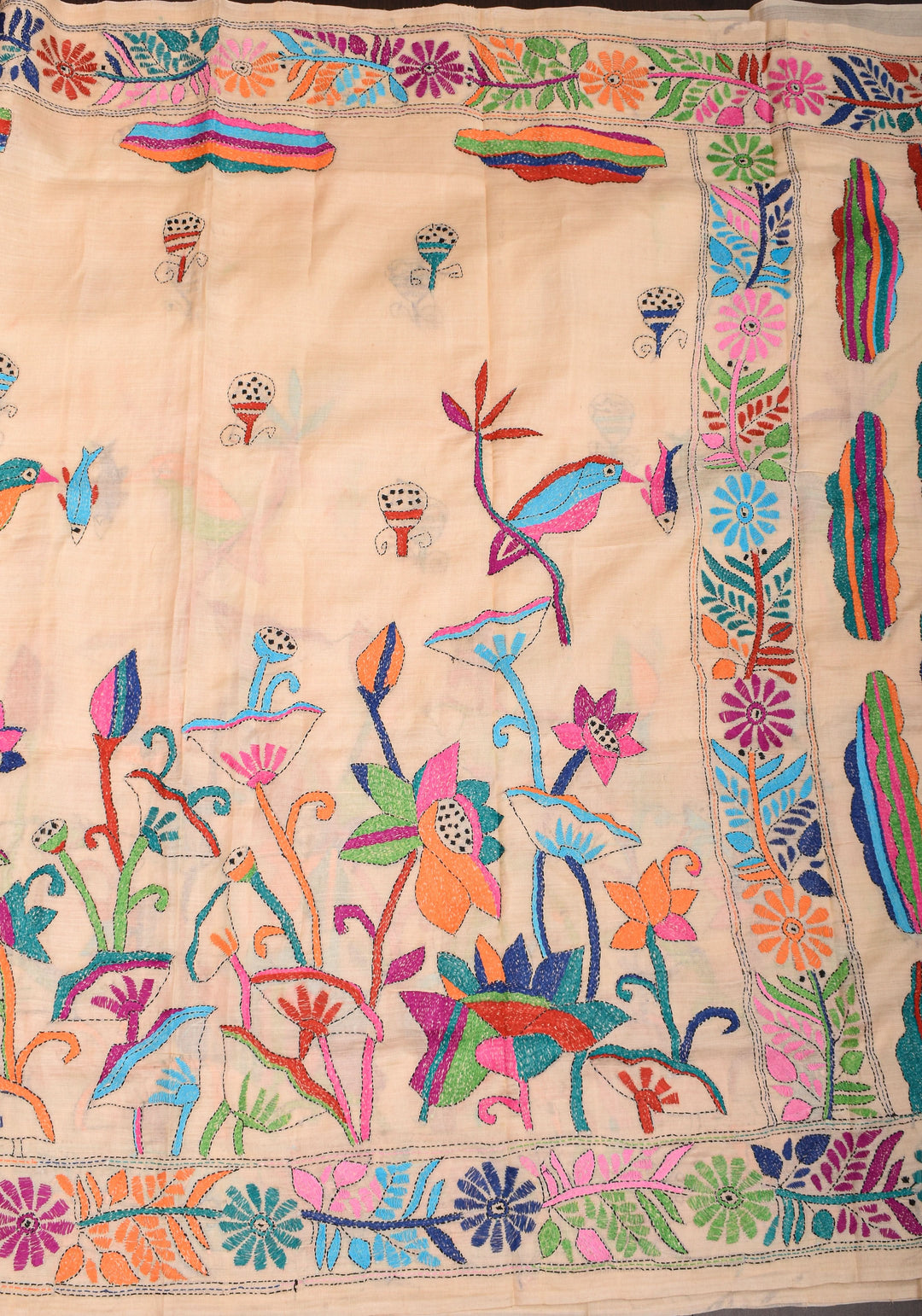 Kingfisher and Pond theme Handmade Kantha Embroidery on Art Silk Saree