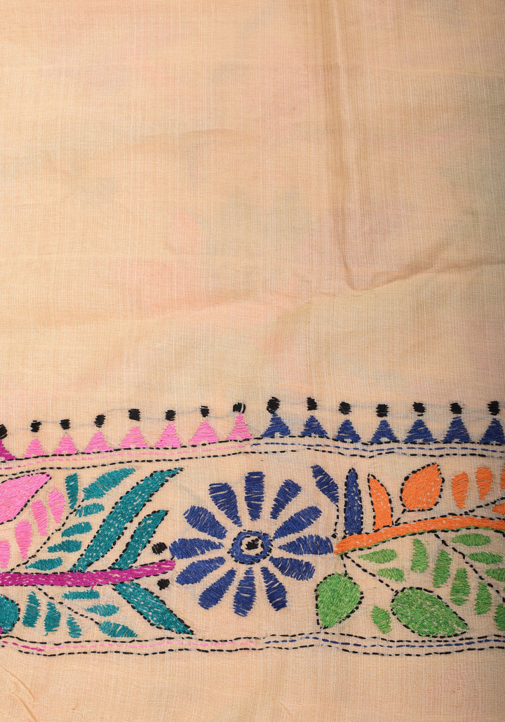 Kingfisher and Pond theme Handmade Kantha Embroidery on Art Silk Saree