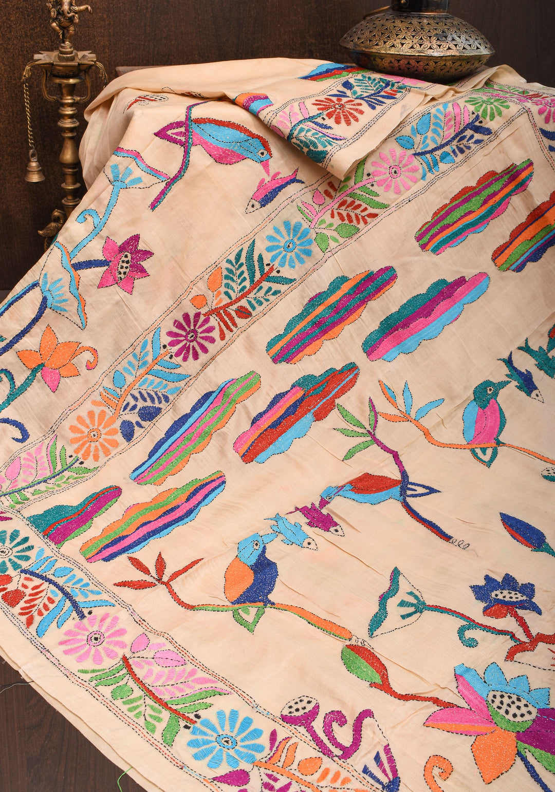 Kingfisher and Pond theme Handmade Kantha Embroidery on Art Silk Saree