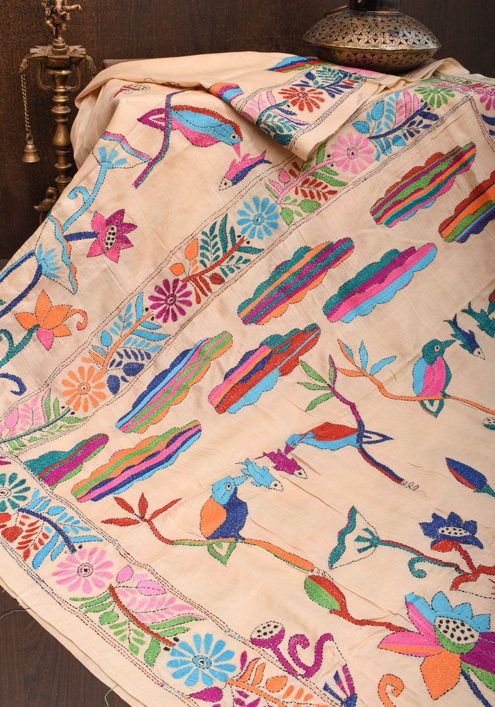 Kingfisher and Pond theme Handmade Kantha Embroidery on Art Silk Saree