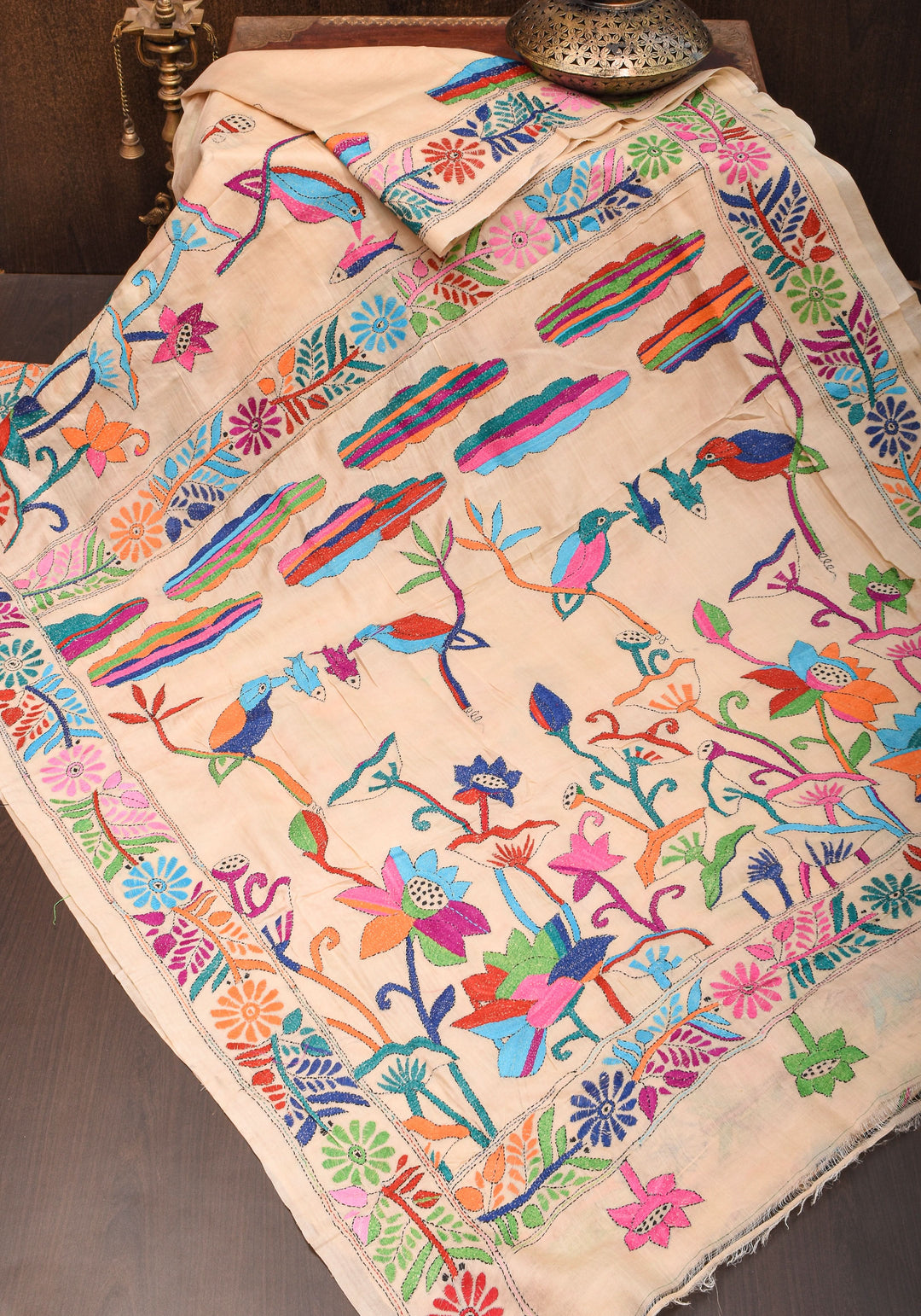 Kingfisher and Pond theme Handmade Kantha Embroidery on Art Silk Saree