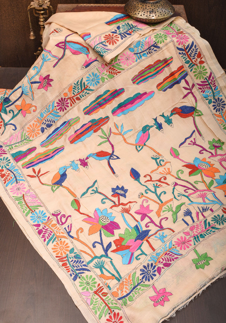 Kingfisher and Pond theme Handmade Kantha Embroidery on Art Silk Saree