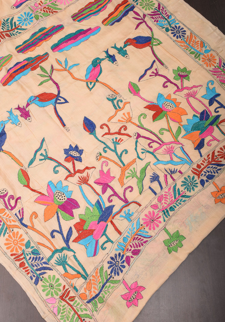 Kingfisher and Pond theme Handmade Kantha Embroidery on Art Silk Saree