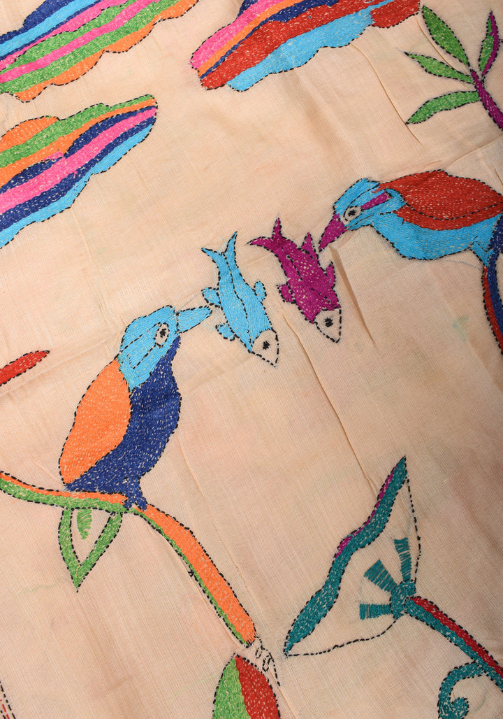 Kingfisher and Pond theme Handmade Kantha Embroidery on Art Silk Saree