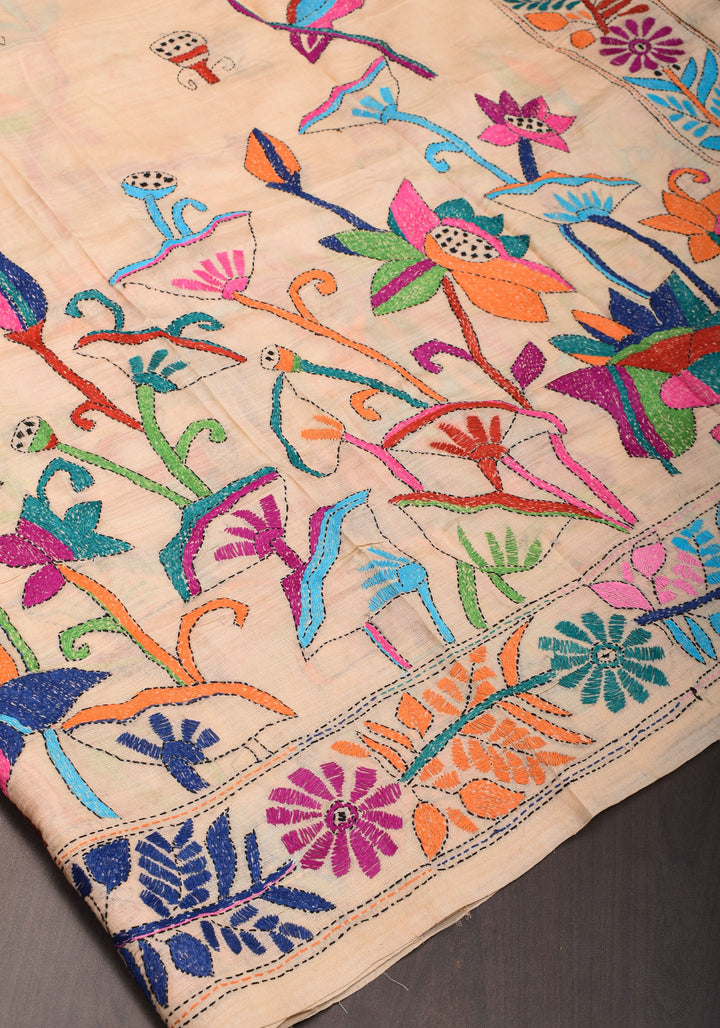 Kingfisher and Pond theme Handmade Kantha Embroidery on Art Silk Saree