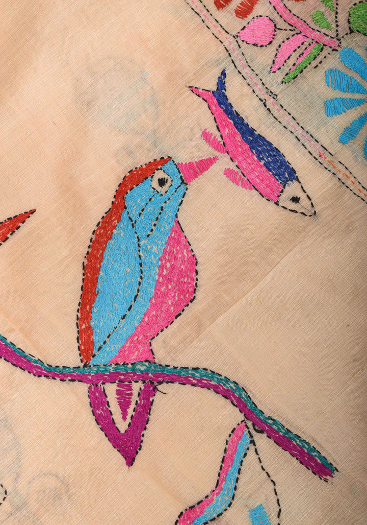 Kingfisher and Pond theme Handmade Kantha Embroidery on Art Silk Saree