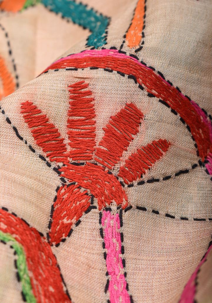 Kingfisher and Pond theme Handmade Kantha Embroidery on Art Silk Saree