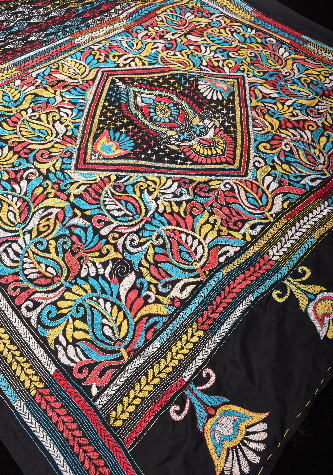 Black Art Silk Saree with Shaded Kantha Embroidery  Tribal Floral Pattern
