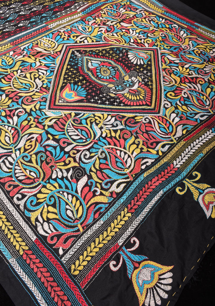 Black Art Silk Saree with Shaded Kantha Embroidery  Tribal Floral Pattern