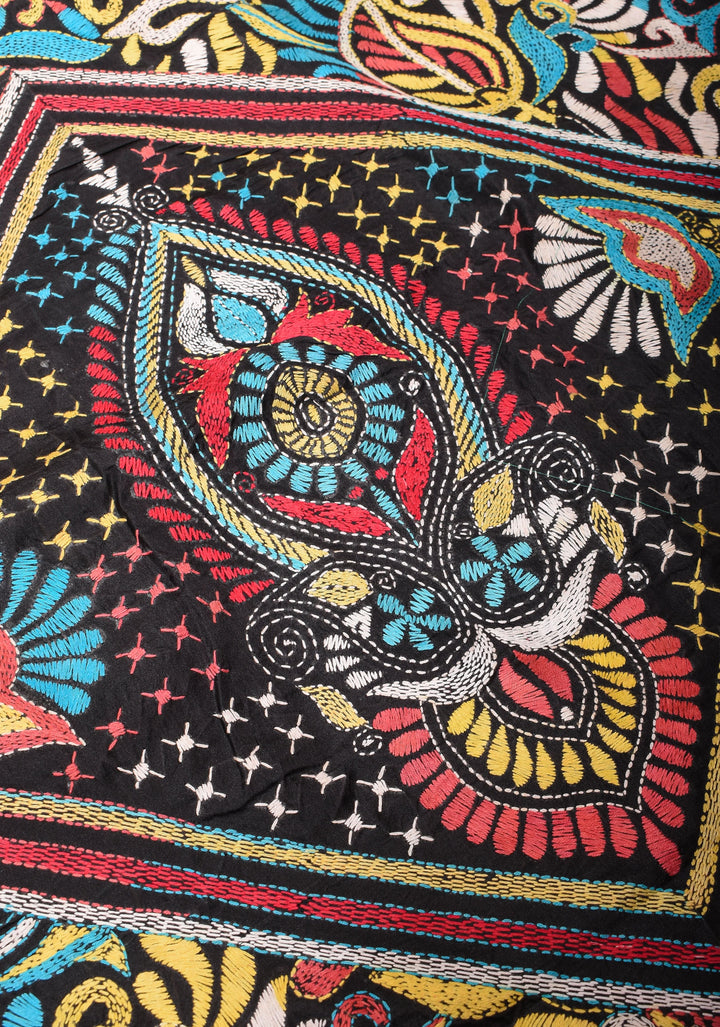 Black Art Silk Saree with Shaded Kantha Embroidery  Tribal Floral Pattern