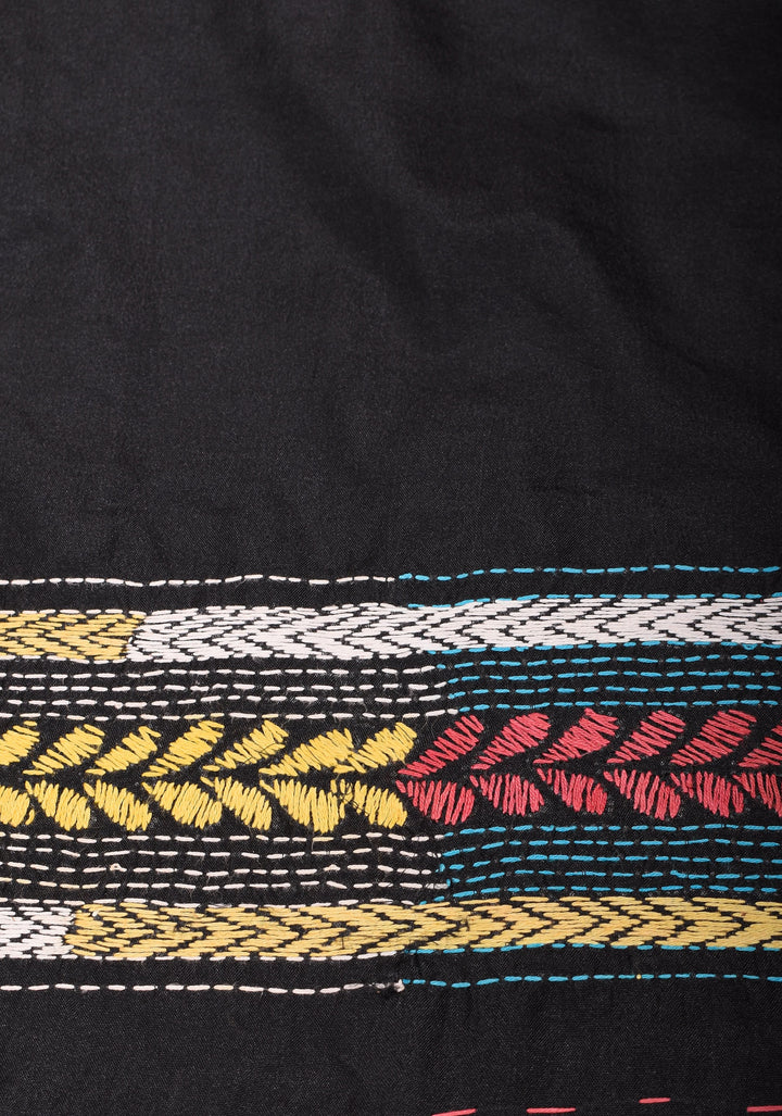 Black Art Silk Saree with Shaded Kantha Embroidery  Tribal Floral Pattern