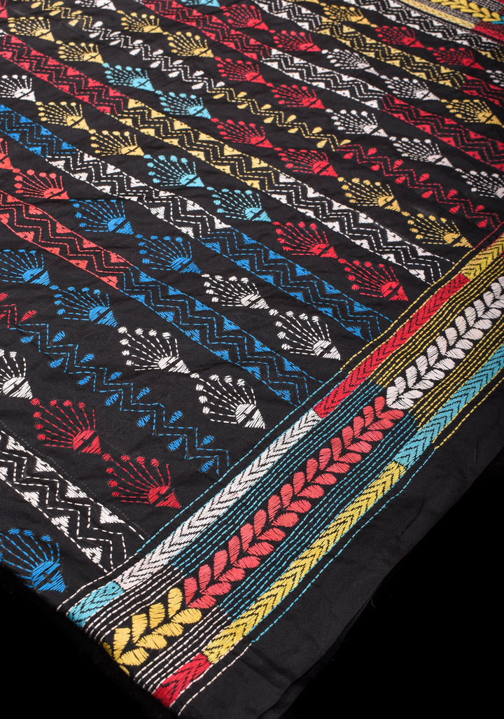 Black Art Silk Saree with Shaded Kantha Embroidery  Tribal Floral Pattern