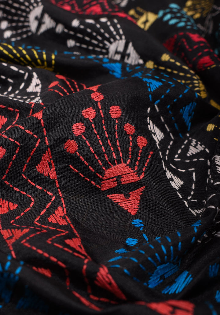 Black Art Silk Saree with Shaded Kantha Embroidery  Tribal Floral Pattern