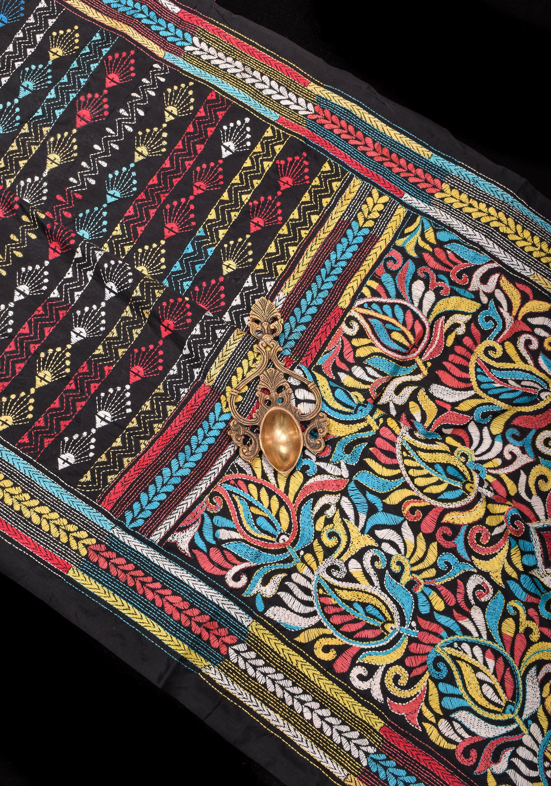 Black Art Silk Saree with Shaded Kantha Embroidery  Tribal Floral Pattern
