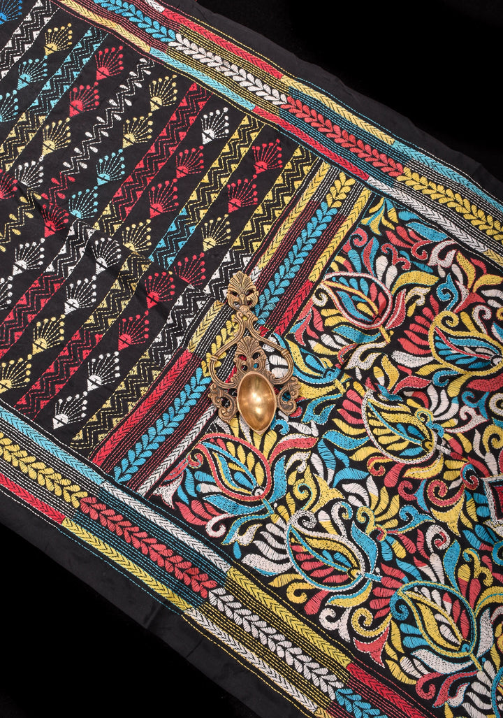 Black Art Silk Saree with Shaded Kantha Embroidery  Tribal Floral Pattern