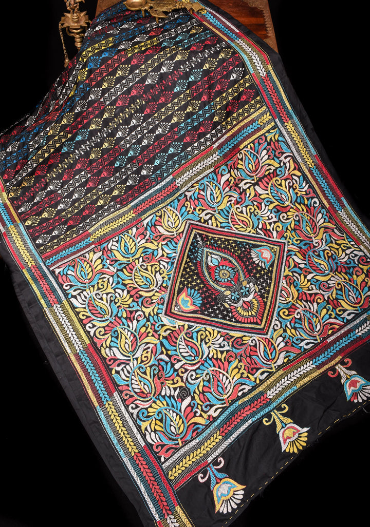 Black Art Silk Saree with Shaded Kantha Embroidery  Tribal Floral Pattern