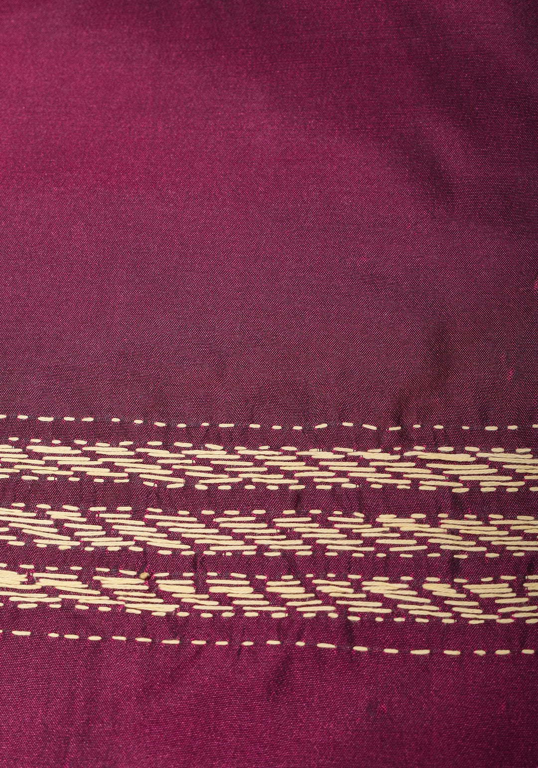 Plum Art Silk Saree with Cream Kantha Embroidery Floral Jaal with Paisley Vines Pallu