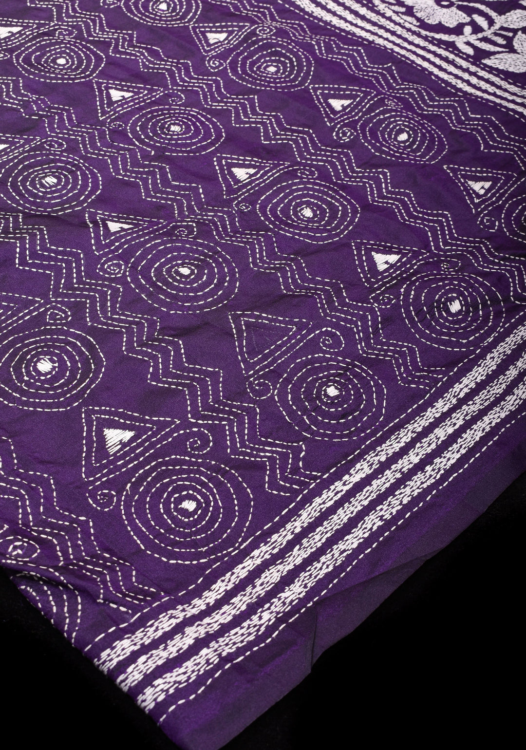 Kantha Embroidery in White Mono Color on Purple art silk saree