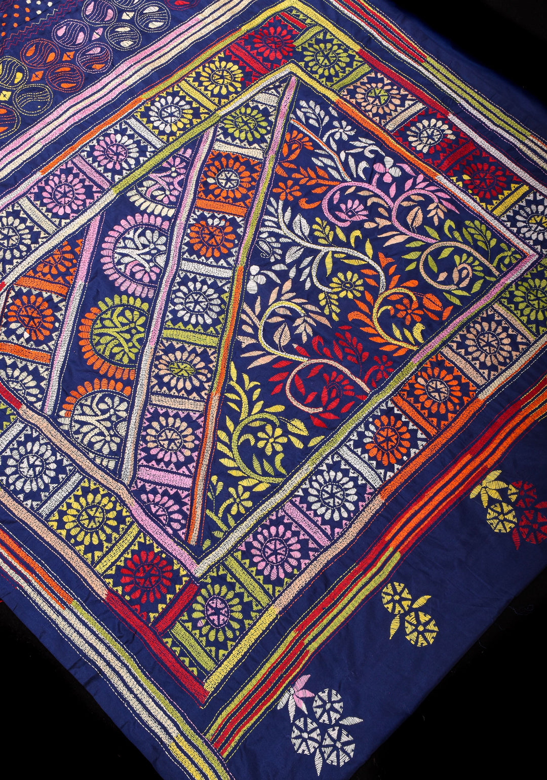 Navy Blue Art Silk Saree with kantha hand Embroidery