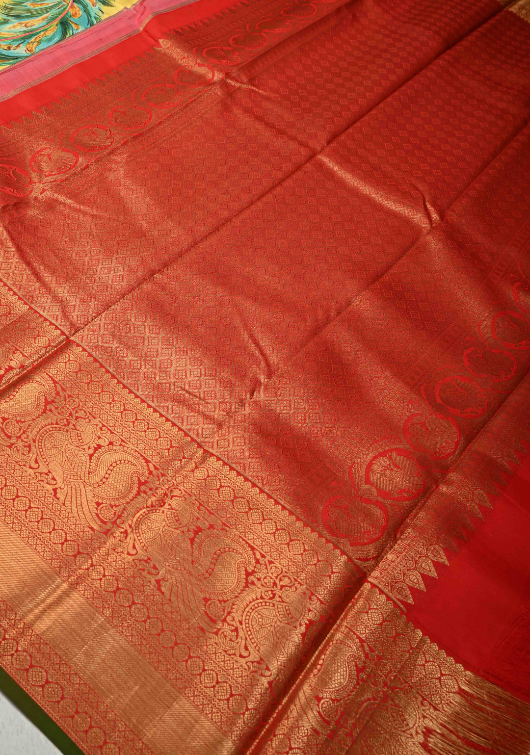 Yellow Pure Kanjivaram Silk Saree with Peacock Feathers Abstract Digital Print and Contrast Zari Border | SILK MARK CERTIFIED