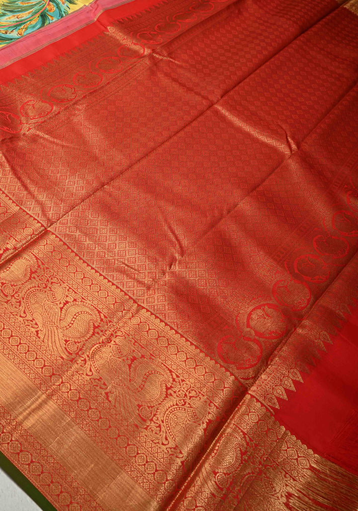 Yellow Pure Kanjivaram Silk Saree with Peacock Feathers Abstract Digital Print and Contrast Zari Border | SILK MARK CERTIFIED