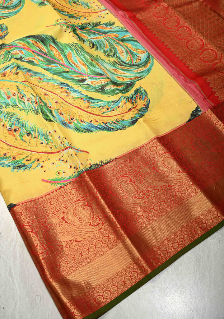 Yellow Pure Kanjivaram Silk Saree with Peacock Feathers Abstract Digital Print and Contrast Zari Border | SILK MARK CERTIFIED