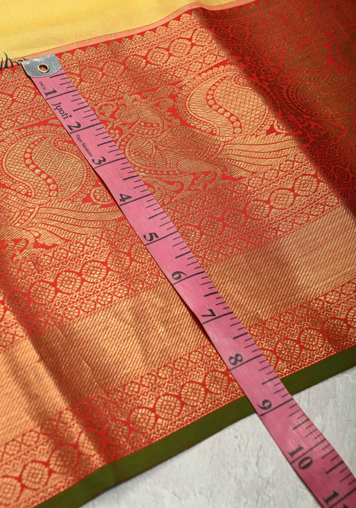 Yellow Pure Kanjivaram Silk Saree with Peacock Feathers Abstract Digital Print and Contrast Zari Border | SILK MARK CERTIFIED