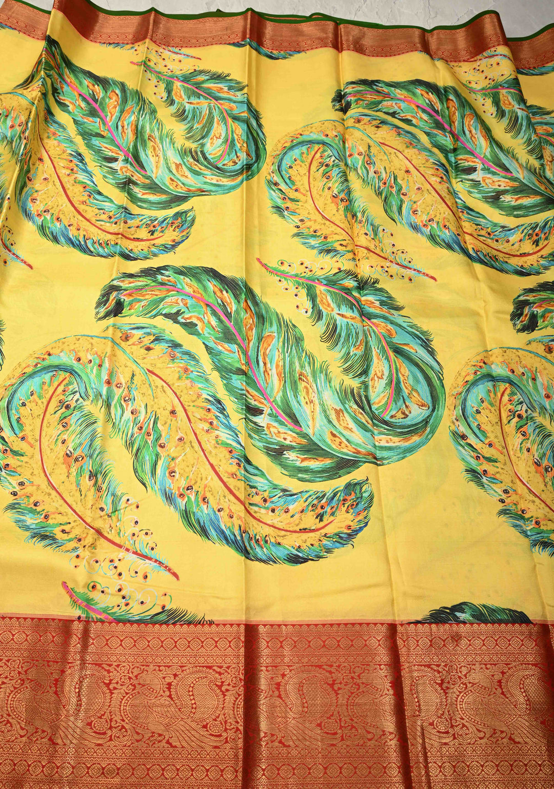Yellow Pure Kanjivaram Silk Saree with Peacock Feathers Abstract Digital Print and Contrast Zari Border | SILK MARK CERTIFIED