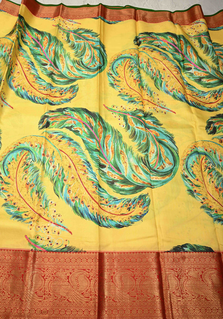 Yellow Pure Kanjivaram Silk Saree with Peacock Feathers Abstract Digital Print and Contrast Zari Border | SILK MARK CERTIFIED