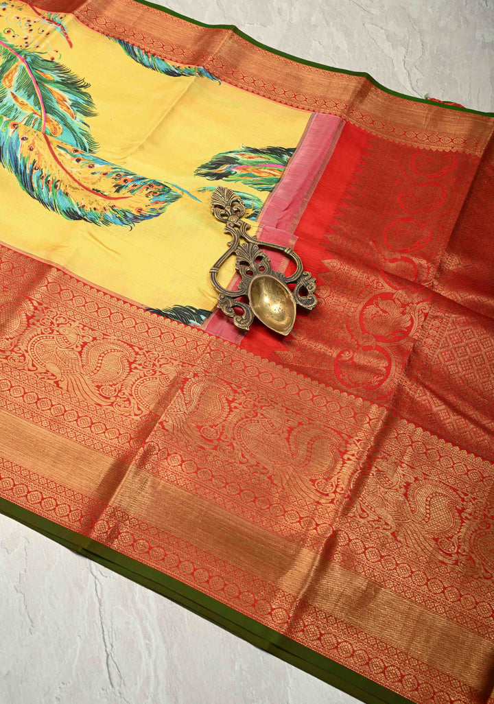 Yellow Pure Kanjivaram Silk Saree with Peacock Feathers Abstract Digital Print and Contrast Zari Border | SILK MARK CERTIFIED