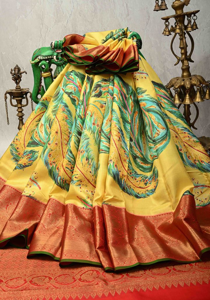 Yellow Pure Kanjivaram Silk Saree with Peacock Feathers Abstract Digital Print and Contrast Zari Border | SILK MARK CERTIFIED