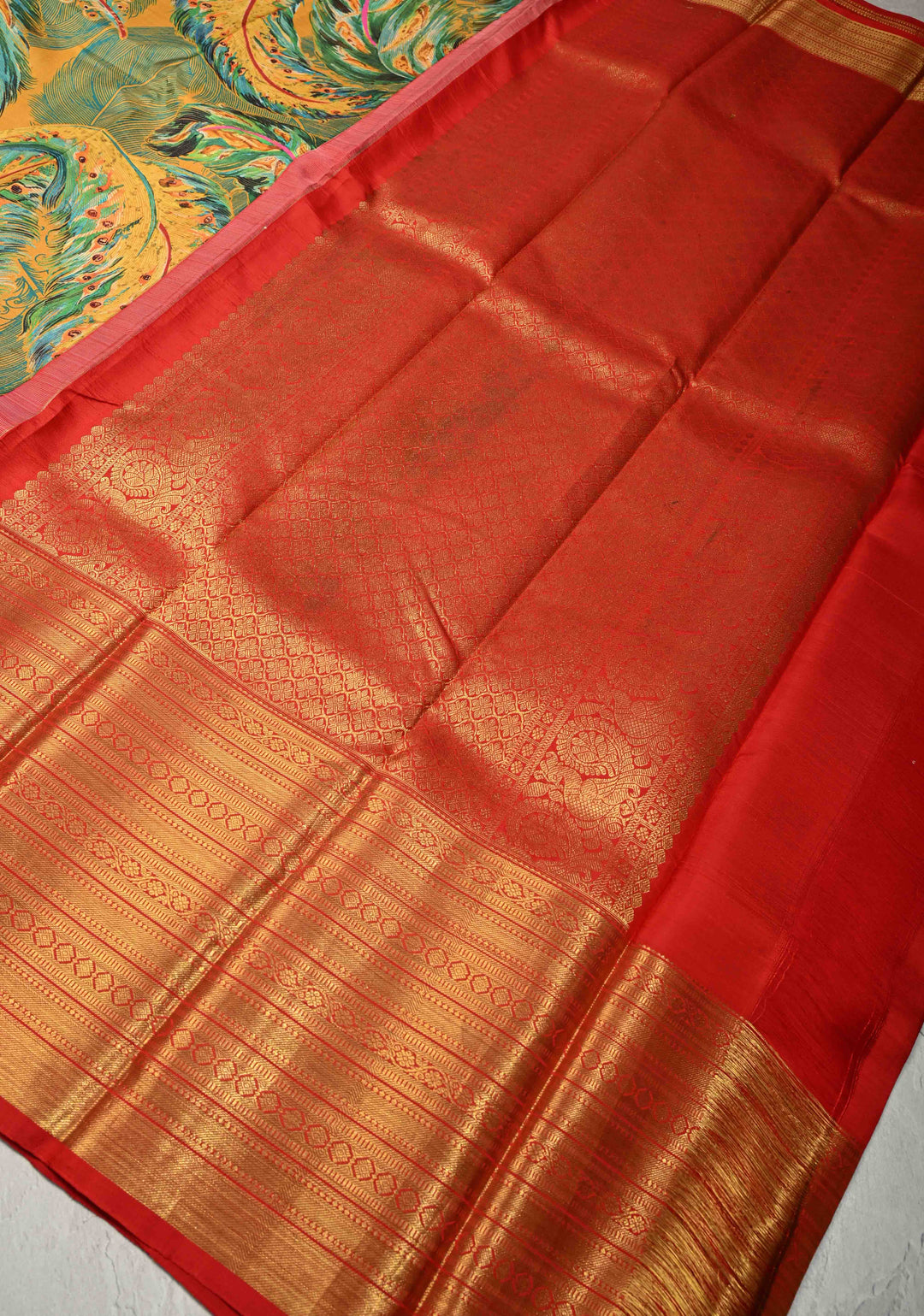 Green-Mustard Pure Kanjivaram Silk Saree with Peacock Feathers Abstract Digital Print and Contrast Wide Zari Border | SILK MARK CERTIFIED