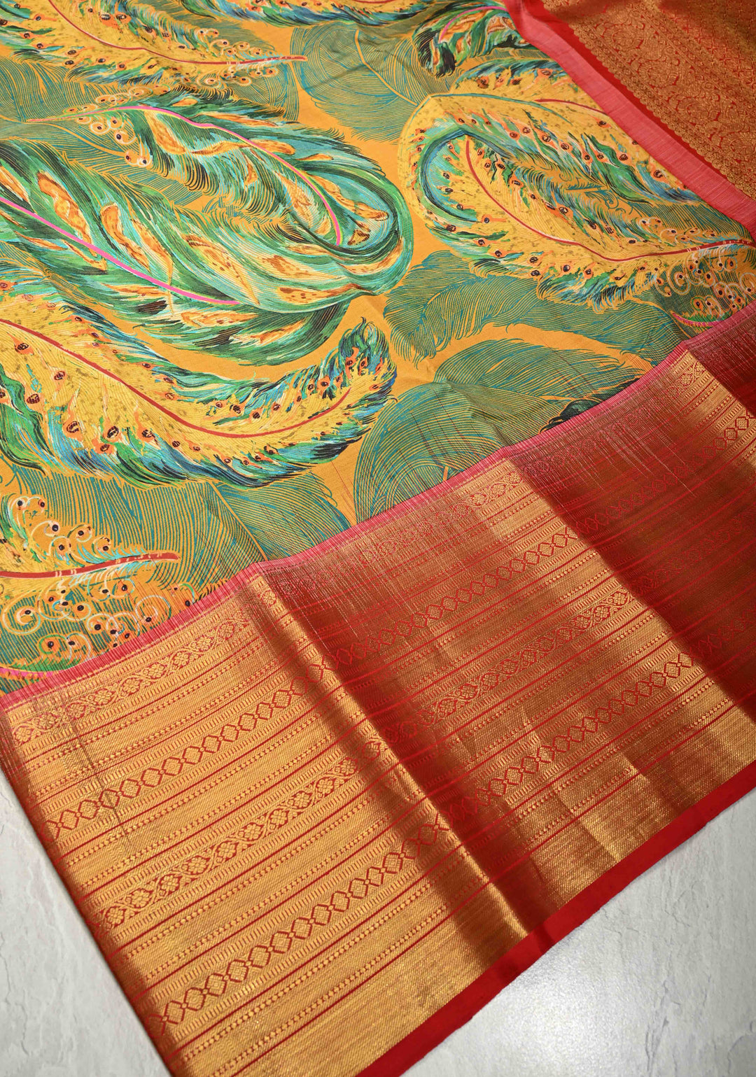 Green-Mustard Pure Kanjivaram Silk Saree with Peacock Feathers Abstract Digital Print and Contrast Wide Zari Border | SILK MARK CERTIFIED