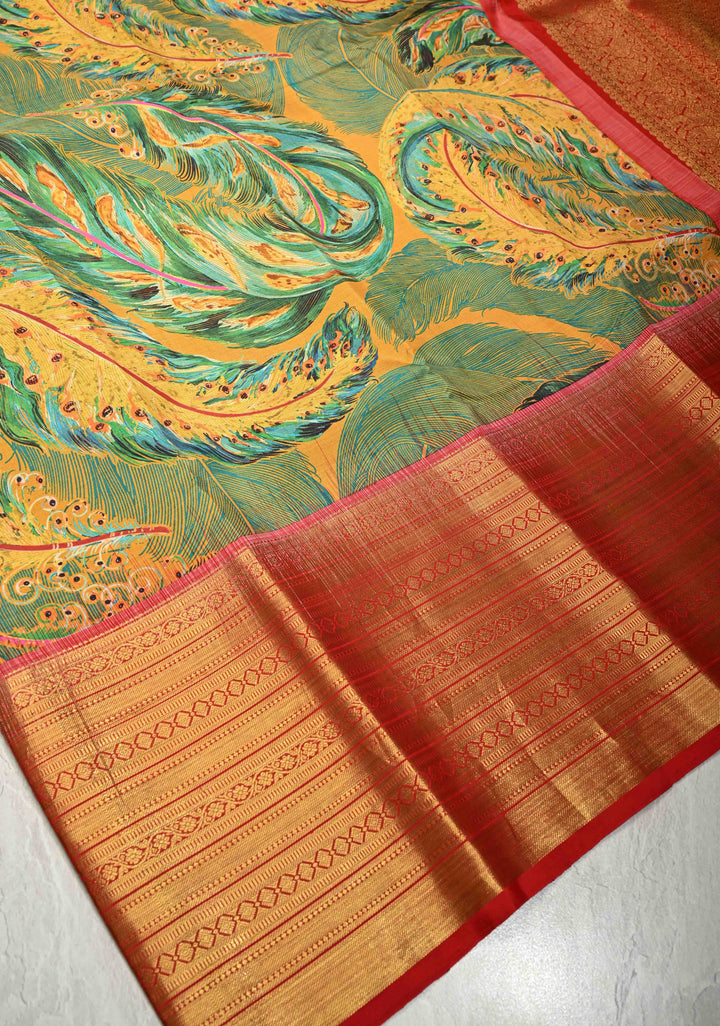 Green-Mustard Pure Kanjivaram Silk Saree with Peacock Feathers Abstract Digital Print and Contrast Wide Zari Border | SILK MARK CERTIFIED