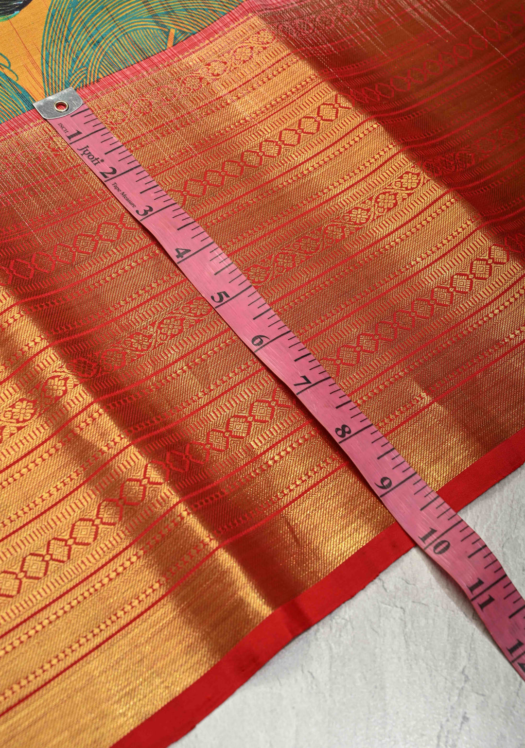 Green-Mustard Pure Kanjivaram Silk Saree with Peacock Feathers Abstract Digital Print and Contrast Wide Zari Border | SILK MARK CERTIFIED