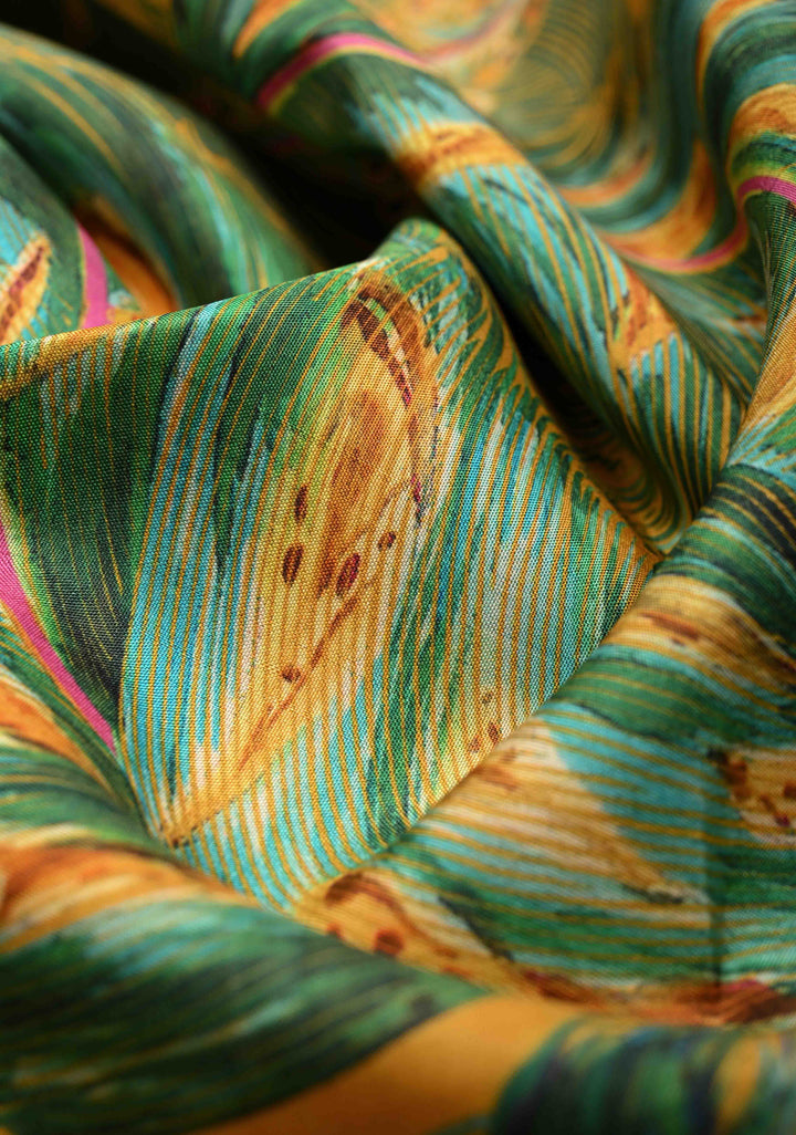 Green-Mustard Pure Kanjivaram Silk Saree with Peacock Feathers Abstract Digital Print and Contrast Wide Zari Border | SILK MARK CERTIFIED