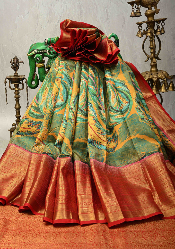 Green-Mustard Pure Kanjivaram Silk Saree with Peacock Feathers Abstract Digital Print and Contrast Wide Zari Border | SILK MARK CERTIFIED