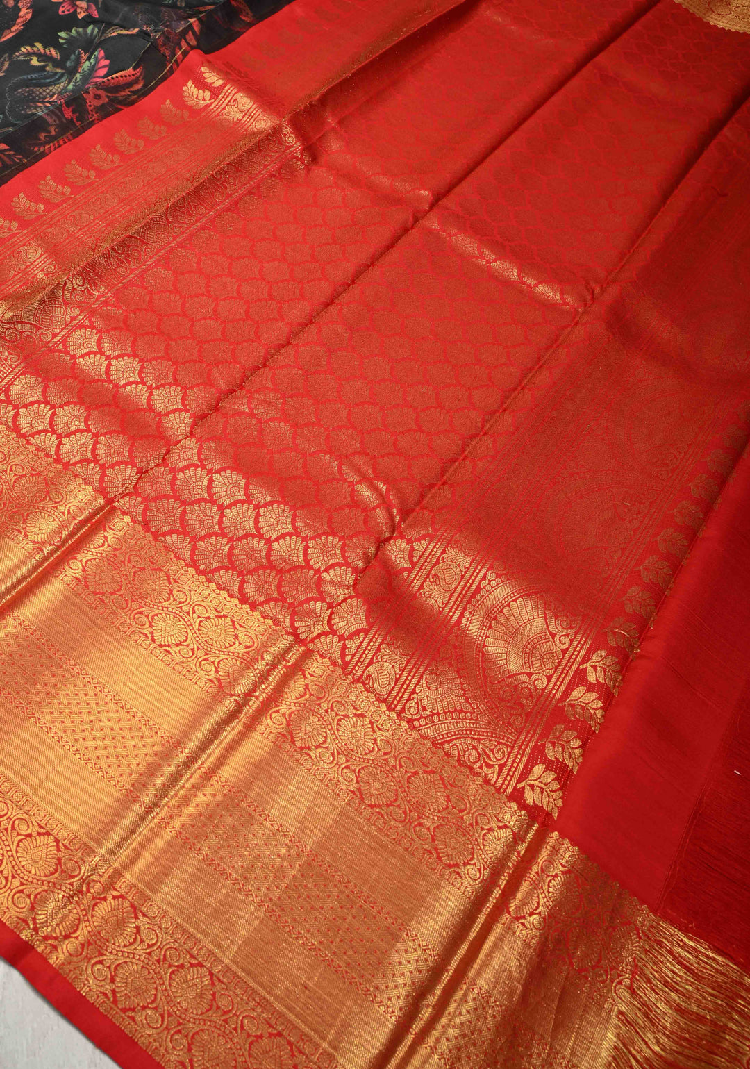 Black Pure Kanjivaram Silk Saree with Floral Digital Print and Contrast Zari Border | SILK MARK CERTIFIED