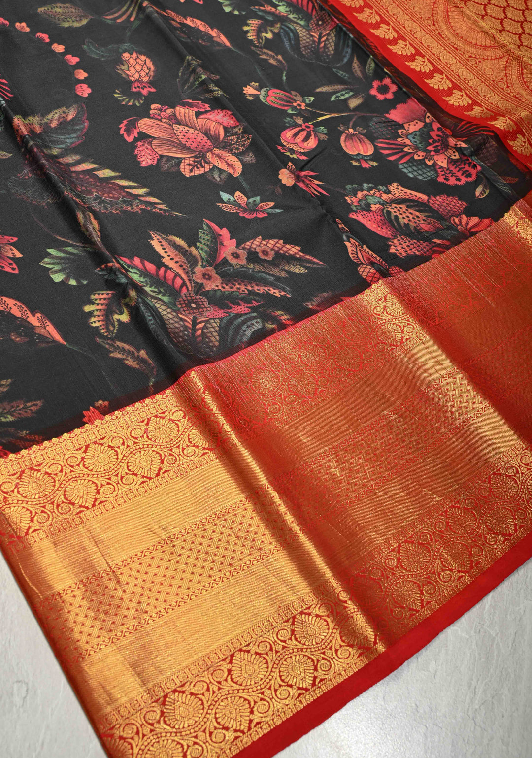 Black Pure Kanjivaram Silk Saree with Floral Digital Print and Contrast Zari Border | SILK MARK CERTIFIED