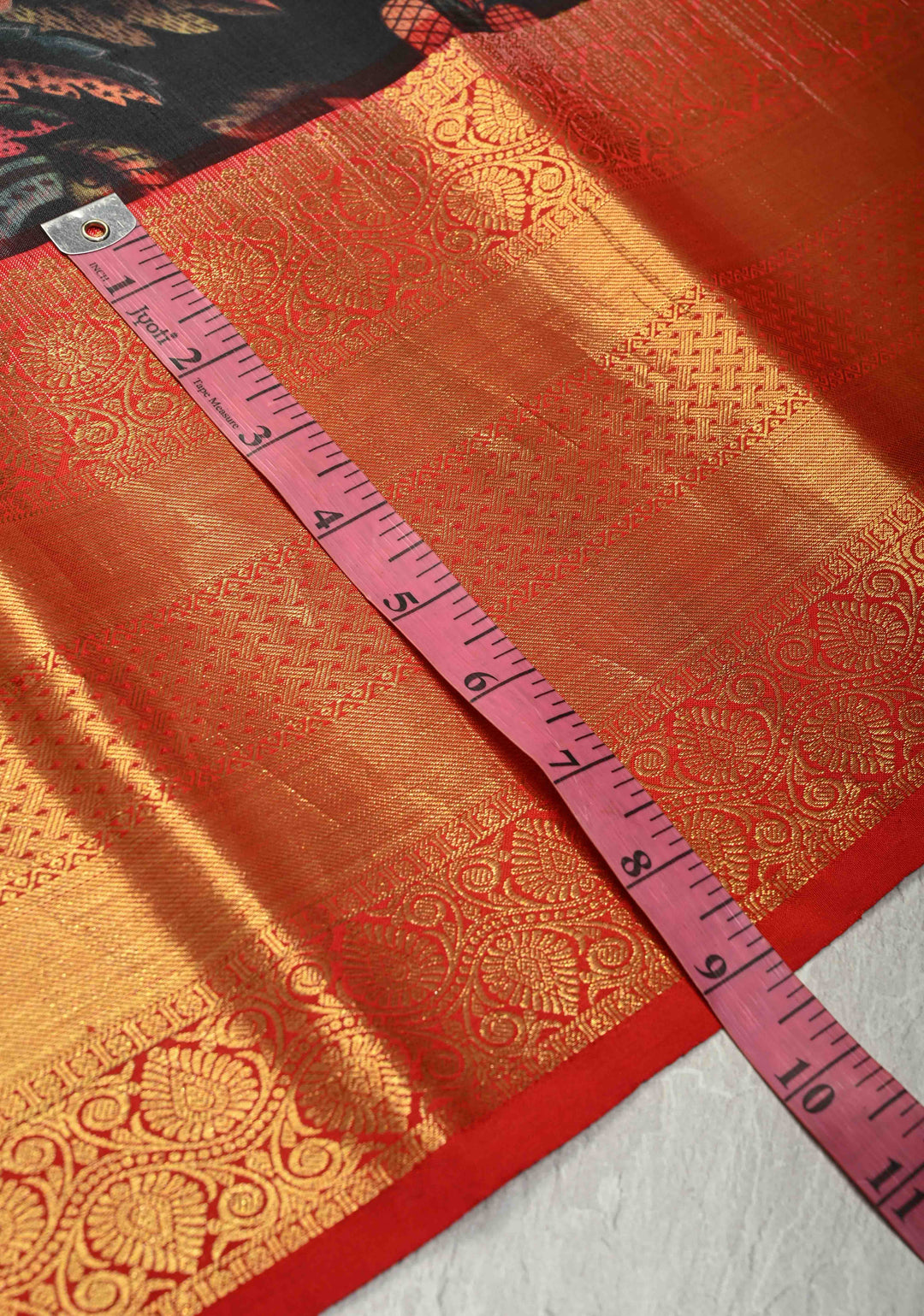 Black Pure Kanjivaram Silk Saree with Floral Digital Print and Contrast Zari Border | SILK MARK CERTIFIED