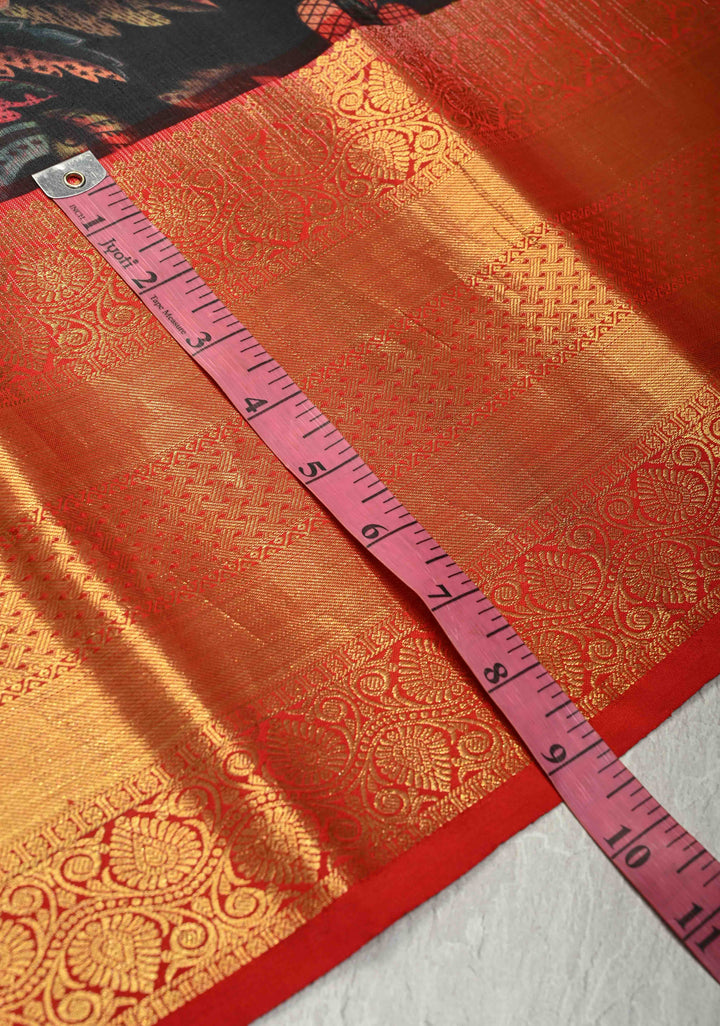 Black Pure Kanjivaram Silk Saree with Floral Digital Print and Contrast Zari Border | SILK MARK CERTIFIED