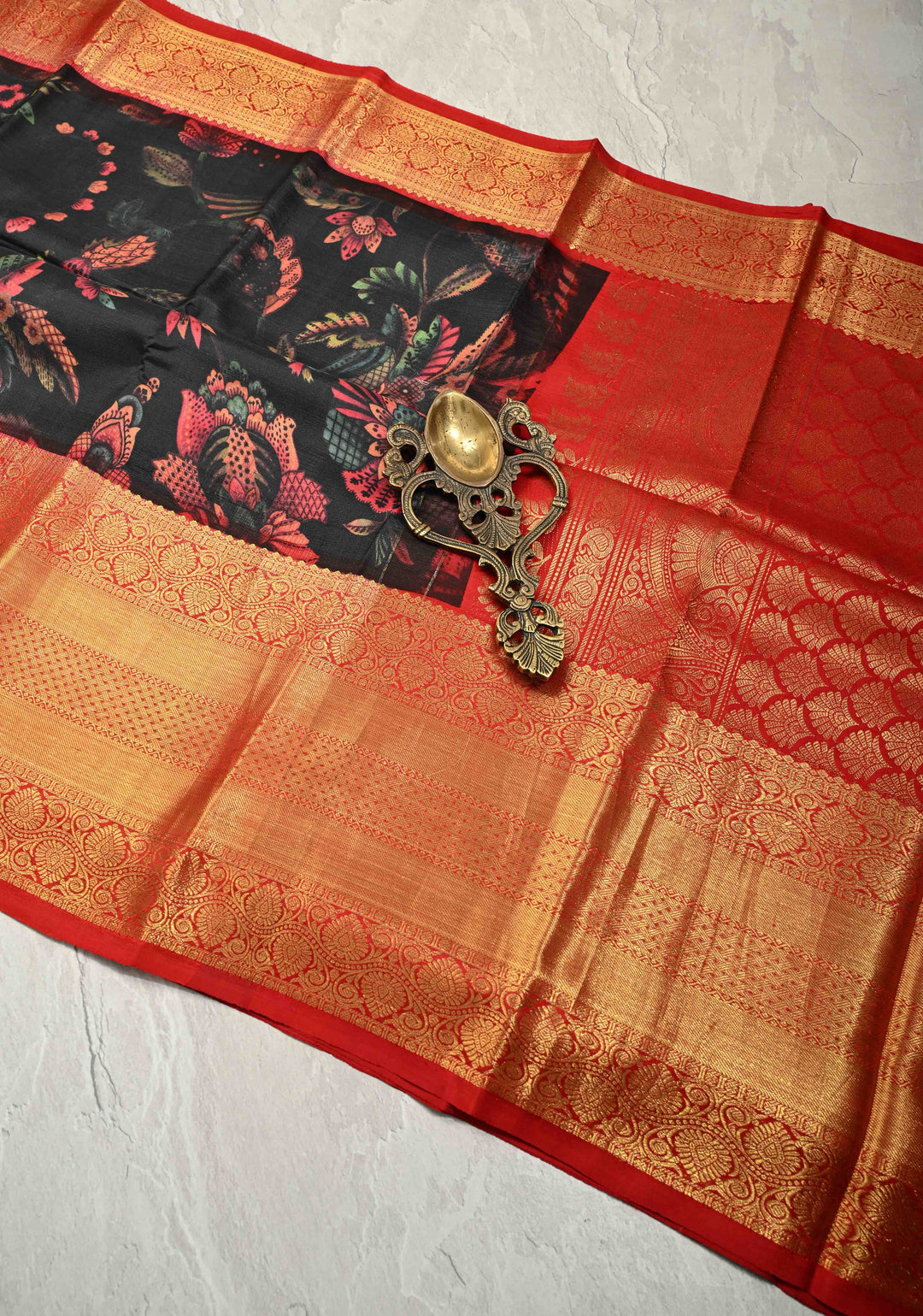 Black Pure Kanjivaram Silk Saree with Floral Digital Print and Contrast Zari Border | SILK MARK CERTIFIED