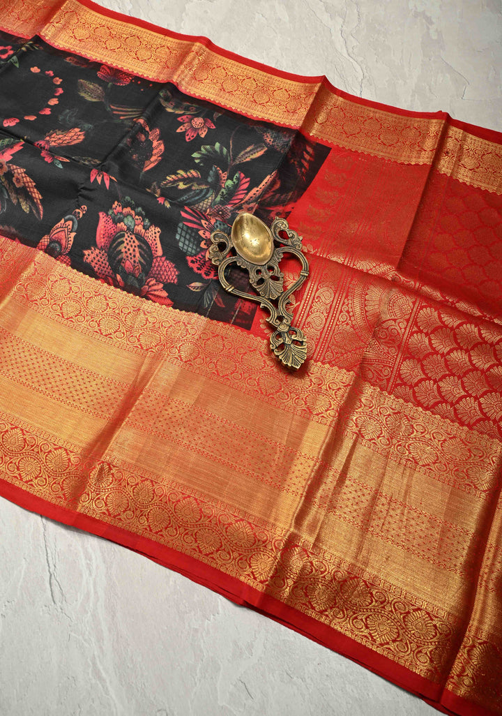 Black Pure Kanjivaram Silk Saree with Floral Digital Print and Contrast Zari Border | SILK MARK CERTIFIED