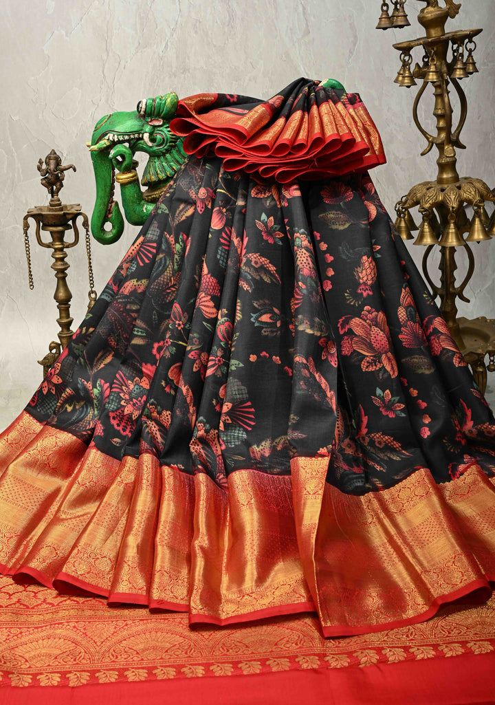 Black Pure Kanjivaram Silk Saree with Floral Digital Print and Contrast Zari Border | SILK MARK CERTIFIED