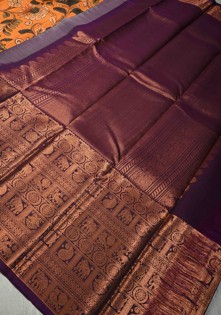 Deep Mustard Pure Kanjivaram Silk Saree with Floral Digital Print and Contrast Wide Zari Border | SILK MARK CERTIFIED