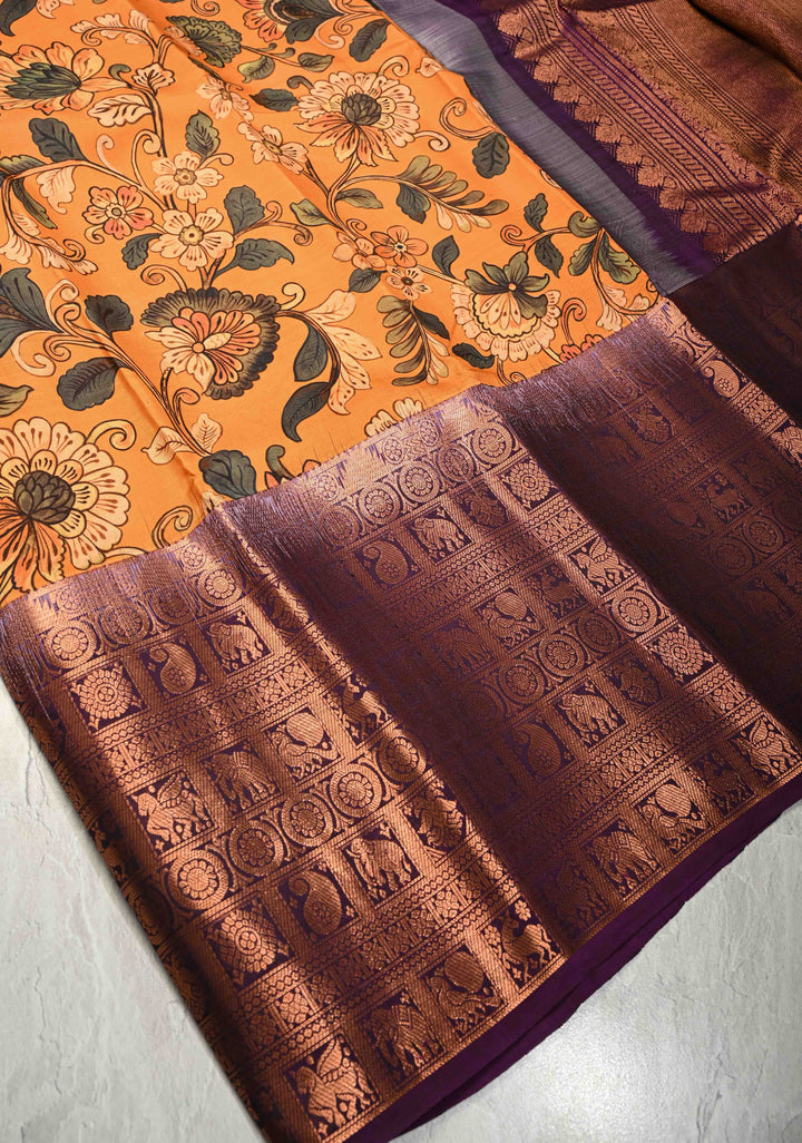 Deep Mustard Pure Kanjivaram Silk Saree with Floral Digital Print and Contrast Wide Zari Border | SILK MARK CERTIFIED