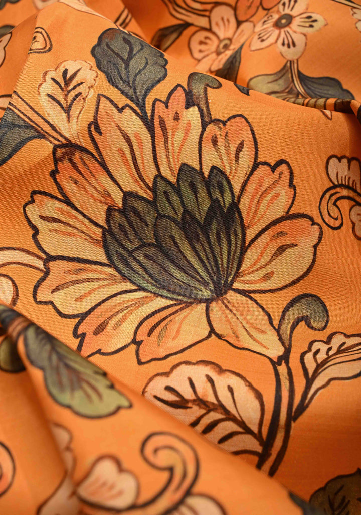 Deep Mustard Pure Kanjivaram Silk Saree with Floral Digital Print and Contrast Wide Zari Border | SILK MARK CERTIFIED