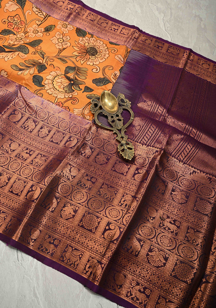 Deep Mustard Pure Kanjivaram Silk Saree with Floral Digital Print and Contrast Wide Zari Border | SILK MARK CERTIFIED