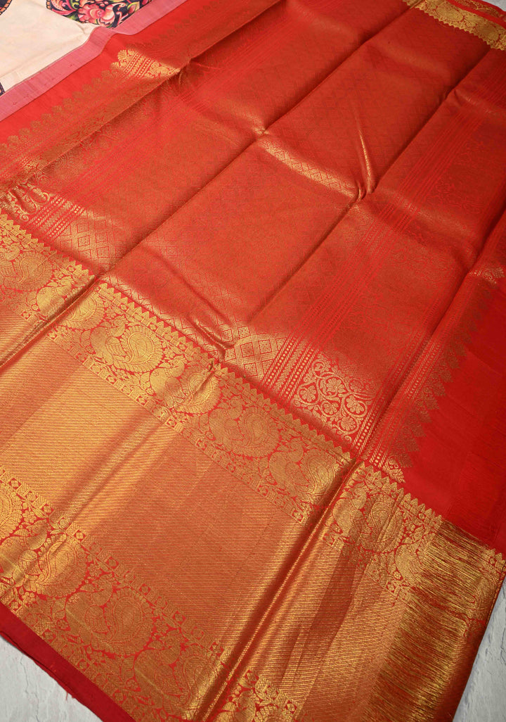 Beige Pure Kanjivaram Silk Saree with Kalamkari Mandala-Peacock Digital Print and Contrast Wide Zari Border | SILK MARK CERTIFIED